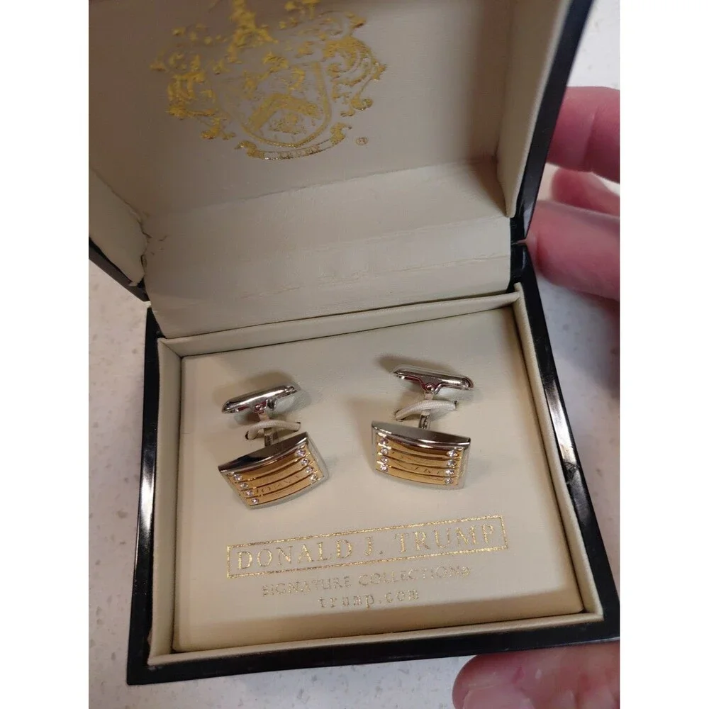 Donald J. Trump Signature Collection Gold Tone Crystal Cufflinks in original box